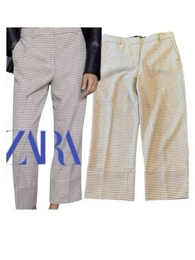Zara Cream/Black Funky Checkered Cuffed Crop Pants (M)